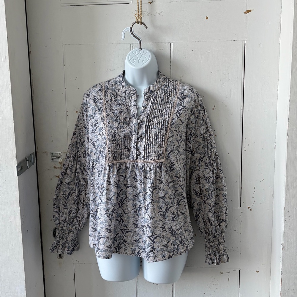 Bohme Ditsy Floral Pleated Smocked Boho Peasant Blouse Poet Shirt
